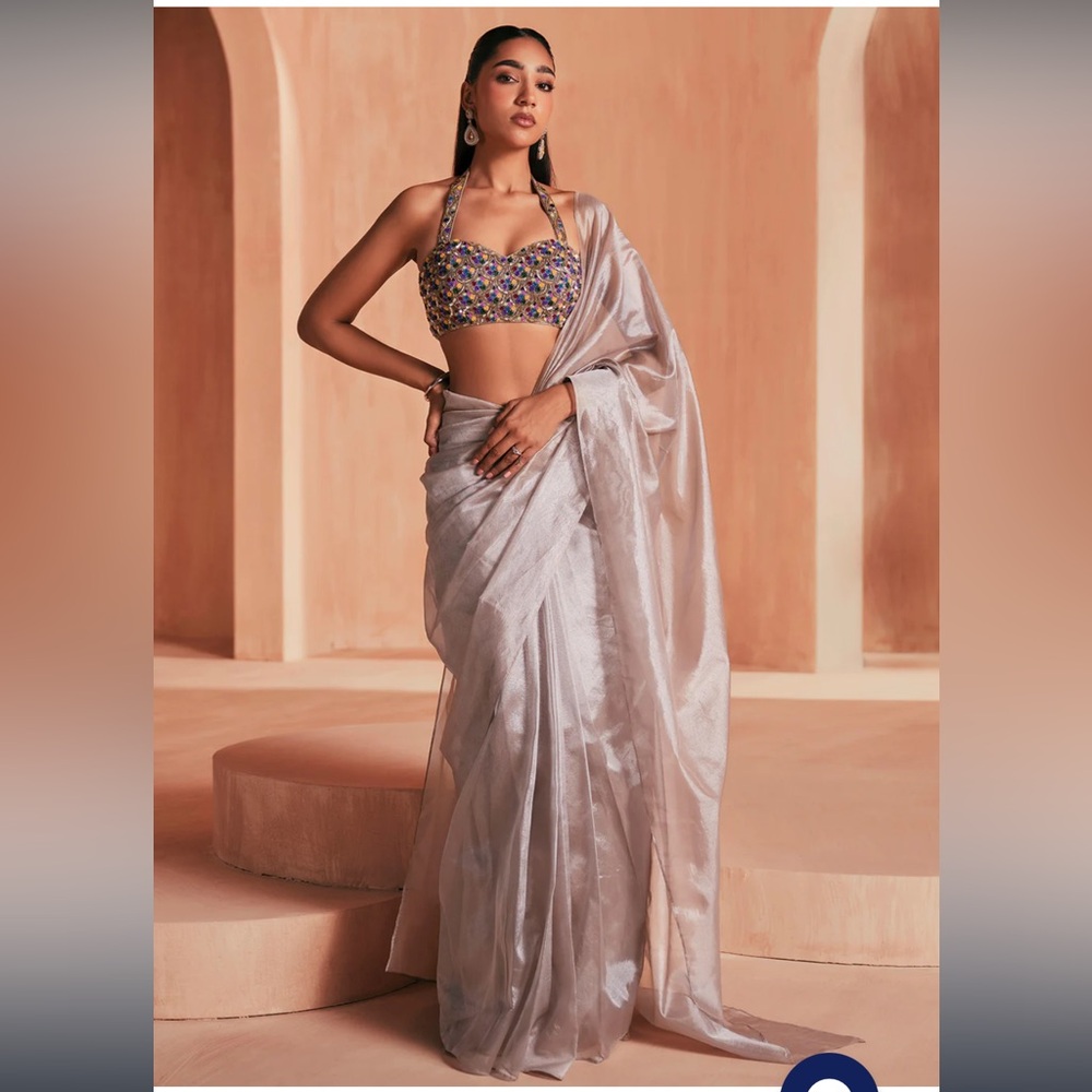 Silver Embroidered Tissue Saree